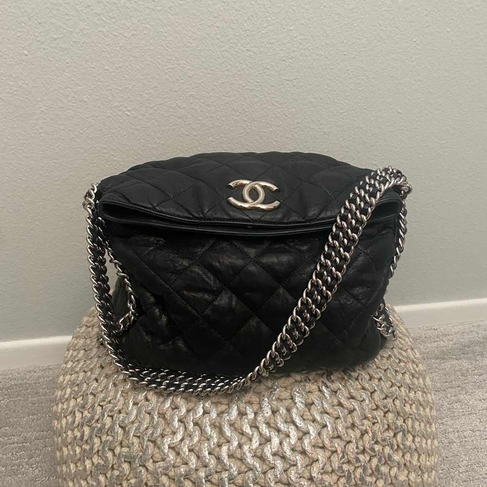 Authentic Chanel Black Quilted Shoulder Bag with Silver Chain
